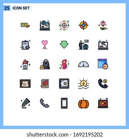 Pack of 25 Modern Filled line Flat Colors Signs and Symbols for Web Print Media such as present; bouquet; seo; interface; target Editable Vector Design Elements