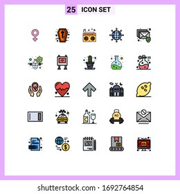 Pack of 25 Modern Filled line Flat Colors Signs and Symbols for Web Print Media such as security; email; love; modern; connections Editable Vector Design Elements