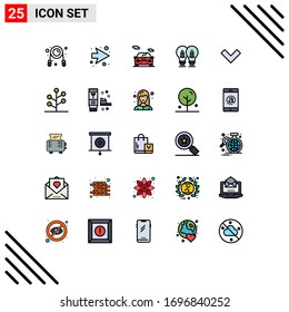 Pack of 25 Modern Filled line Flat Colors Signs and Symbols for Web Print Media such as down; light; car; pencil; idea Editable Vector Design Elements