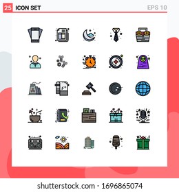 Packung mit 25 modernen, voll gefüllten Flachfarben Zeichen und Symbole für Web-Printmedien, z. B. Bauweise; Beutel; Mond; Kleidung; Anzug Bearbeitbare Design-Elemente für Vektorillustrationen