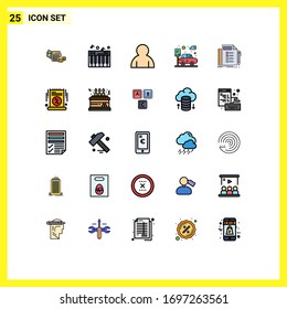 Pack of 25 Modern Filled line Flat Colors Signs and Symbols for Web Print Media such as task; plan; profile; list; transport Editable Vector Design Elements