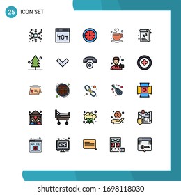 Paquete de 25 símbolos y símbolos de color plano de línea rellena moderna para medios de impresión en la Web, como fuentes; carta; temporizador; té; elementos de diseño de vectores editables de taza