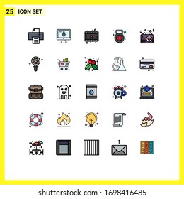 Pack of 25 Modern Filled line Flat Colors Signs and Symbols for Web Print Media such as romance; heart; movie; camera; weight Editable Vector Design Elements
