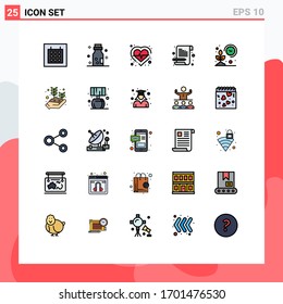 Pack of 25 Modern Filled line Flat Colors Signs and Symbols for Web Print Media such as garden; farm; heart; scratch pad; notebook Editable Vector Design Elements