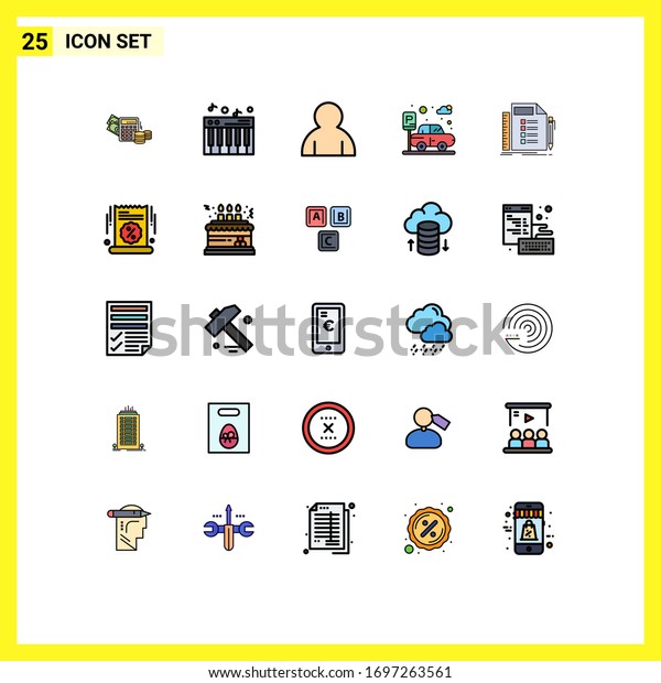 Pack of 25 Modern Filled line Flat\
Colors Signs and Symbols for Web Print Media such as task; plan;\
profile; list; transport Editable Vector Design\
Elements