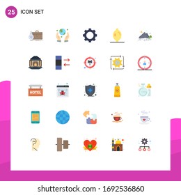Paquete de 25 símbolos y símbolos modernos de colores planos para medios de impresión en la Web, como la montaña; colina; dispositivos; naturaleza; elementos de diseño de vectores editables de cítricos