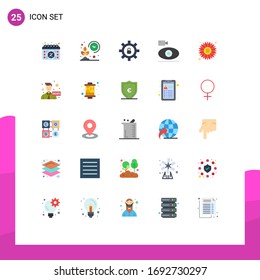Pack of 25 Modern Flat Colors Signs and Symbols for Web Print Media such as media; camera; grow; camcorder; settings Editable Vector Design Elements