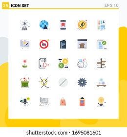 Paquete de 25 símbolos y símbolos modernos de colores planos para medios de impresión en la Web, como páginas; flechas; logros; dinero; elementos de diseño de vectores editables de monedas