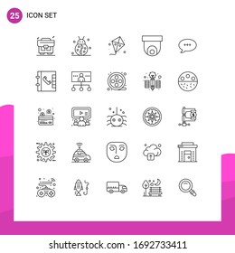 Paquete de 25 carteles y símbolos de líneas modernas para medios de impresión web, como chat; vídeo; mosca; cámara de seguridad; elementos de diseño de vectores editables de cámara