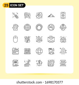 Pack of 25 Modern Lines Signs and Symbols for Web Print Media such as love; scene; hot dog; mountain; landscape Editable Vector Design Elements