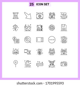 Pack of 25 Modern Lines Signs and Symbols for Web Print Media such as kite; heart care; global; cardiogram; love Editable Vector Design Elements