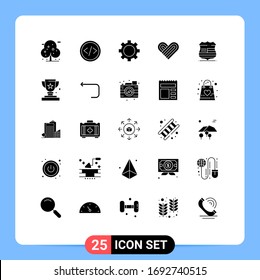Pack of 25 Modern Solid Glyphs Signs and Symbols for Web Print Media such as sign; valentine; web; love; technology Editable Vector Design Elements