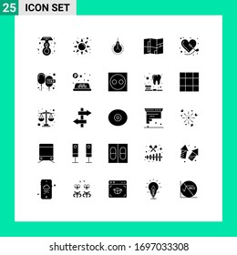 Pack of 25 Modern Solid Glyphs Signs and Symbols for Web Print Media such as sewing; heart; idea; broken; map Editable Vector Design Elements
