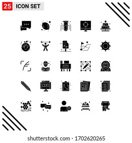 Pack of 25 Modern Solid Glyphs Signs and Symbols for Web Print Media such as lover; cake; experiment; targeting; seo Editable Vector Design Elements