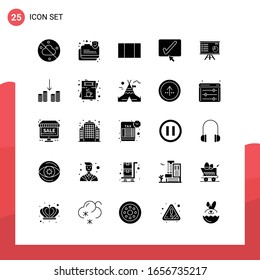 Paquete de 25 iconos de glifo universales para medios impresos en fondo blanco.