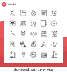 Pack of 25 Universal Outline Icons for Print Media on White Background.
