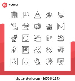 Pack of 25 Universal Outline Icons for Print Media on White Background.