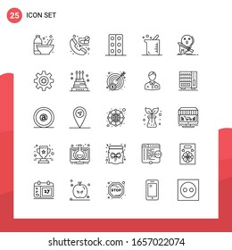 Pack of 25 Universal Outline Icons for Print Media on White Background.