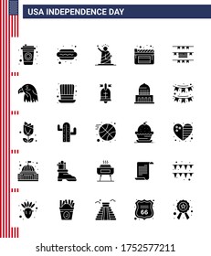 Pack of 25 USA Independence Day Celebration Solid Glyph Signs and 4th July Symbols such as american; buntings; liberty; film; cinema Editable USA Day Vector Design Elements