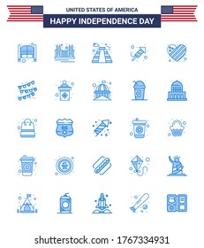 Pack of 25 USA Independence Day Celebration Blues Signs and 4th July Symbols such as festival; fire work; landmark; usa; building Editable USA Day Vector Design Elements