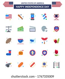 Pack of 25 USA Independence Day Celebration Flats Signs and 4th July Symbols such as chair; firework; cell; fire; phone Editable USA Day Vector Design Elements