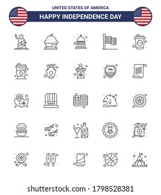 Pack of 25 USA Independence Day Celebration Lines Signs and 4th July Symbols such as usa; flag; sweet; american; statehouse Editable USA Day Vector Design Elements