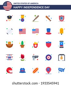 Pack of 25 USA Independence Day Celebration Flats Signs and 4th July Symbols such as bbq; food; baseball; shield; american Editable USA Day Vector Design Elements