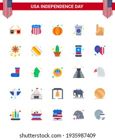 Pack of 25 USA Independence Day Celebration Flats Signs and 4th July Symbols such as adornment; usa; pumpkin; hand; soda Editable USA Day Vector Design Elements