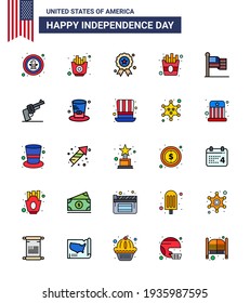 Pack of 25 USA Independence Day Celebration Flat Filled Lines Signs and 4th July Symbols such as flag; fries; chips; food; medal Editable USA Day Vector Design Elements