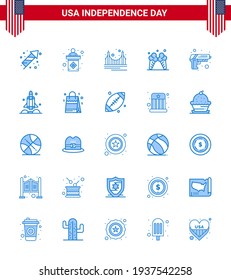 Paquete de 25 carteles de blues de la celebración del Día de la Independencia de Estados Unidos y símbolos del 4 de julio como armas de fuego; nata; puente; hielo; elementos de diseño de vectores de USA Day editable por turismo