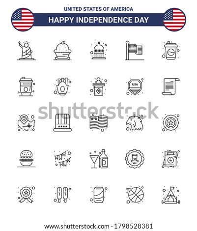 Pack of 25 USA Independence Day Celebration Lines Signs and 4th July Symbols such as usa; flag; sweet; american; statehouse Editable USA Day Vector Design Elements
