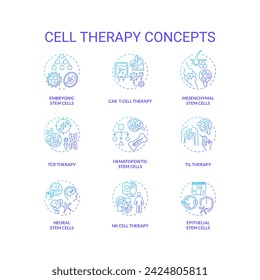 Packung von 2D-Gradienten dünne Linie Symbole, die Zelltherapie darstellen, isolierter einfacher Vektor, lineare Illustration.