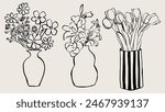 Pack of 3 hand drawn vases. Flower line art. Clip art flower arrangement in vase. Minimalist illustration.