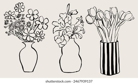 Pack of 3 hand drawn vases. Flower line art. Clip art flower arrangement in vase. Minimalist illustration.