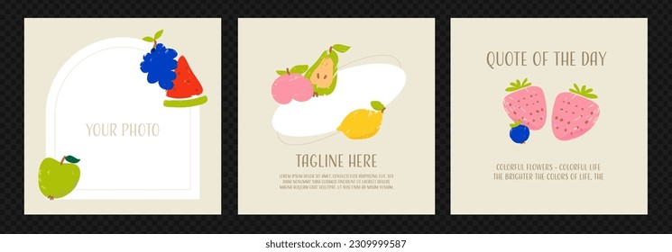 Pack of 3 IG templates in minimalist style on a transparent background. Templates for posts with vector illustrations of cute fruit. Quote of the day and photo frames. 