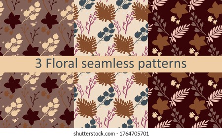 Pack of 3 summer vibrant seamless abstract patterns in saturated colors