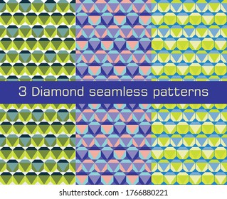  Pack of 3 summer vibrant seamless geometric patterns in trendy shades