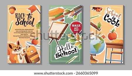Pack of 3 vertical vector stories featuring squirrel, globe, backpack, school desk and autumn objects. Great for promo posts, educational media and seasonal design.
