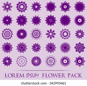 Pack of 30 transparent light violet abstract geometric flowers logo template. Business abstract icon. Use for logo, sign, symbol, web, label, icon. Vector illustration