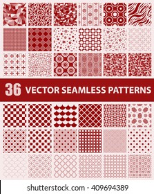 Pack of 36 retro styled red vector seamless patterns: abstract, vintage, technology and geometric. Vector illustration