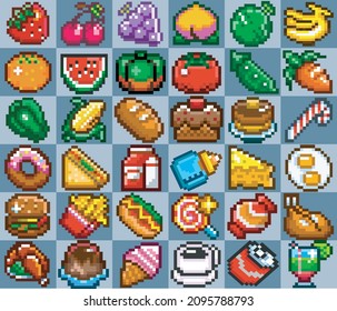 Pack of 36 vector pixel art icons of tasty foods and delights.
food icons in pixel format, vector artwork, each element separated in its space, isolated layer, editable vector.