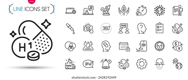 Pack of 360 degrees, Chemistry pipette and Timer line icons. Include Depression treatment, Fake news, Psychology pictogram icons. Message, Euler diagram, Currency exchange signs. Vector