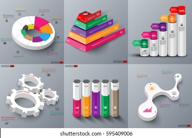 Pack of 3d paper infographic elements data visualization vector design template. Business concept steps or processes, workflow, diagram, hexagon, box, pyramid, gear, marketing icons, info graphics.