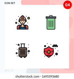 Pack of 4 creative Filledline Flat Colors of carpenter; baggage; worker; delete; luggage Editable Vector Design Elements