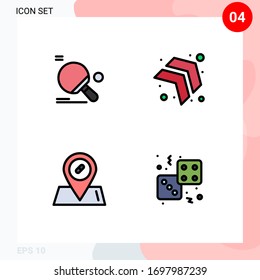 Pack of 4 creative Filledline Flat Colors of racket; location; ping pong; up; dice Editable Vector Design Elements
