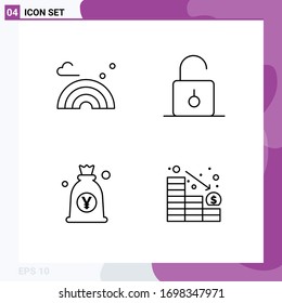 Pack of 4 creative Filledline Flat Colors of nature; yen; wave; safety; japanese Editable Vector Design Elements
