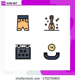 Pack of 4 creative Filledline Flat Colors of beach; hotel; shorts; music; star Editable Vector Design Elements
