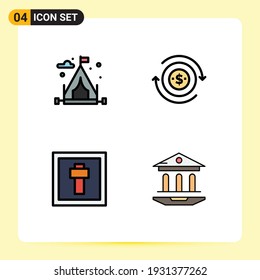 Pack of 4 creative Filledline Flat Colors of camping; holiday; cash; dollar; internet Editable Vector Design Elements