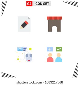 Pack of 4 creative Flat Icons of document; file; building; shop; mail Editable Vector Design Elements