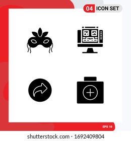 Pack of 4 creative Solid Glyphs of mask; arrow; mardigras; monitor; ui Editable Vector Design Elements